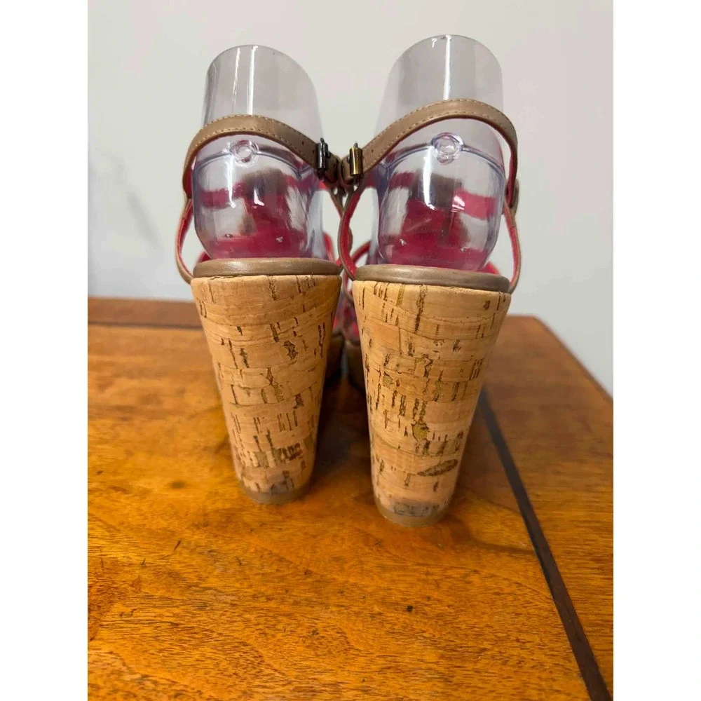 Boden Ruffle Ribbon Cork Wedge Sandals Taupe Pink Orange Size 41 EU 10 US